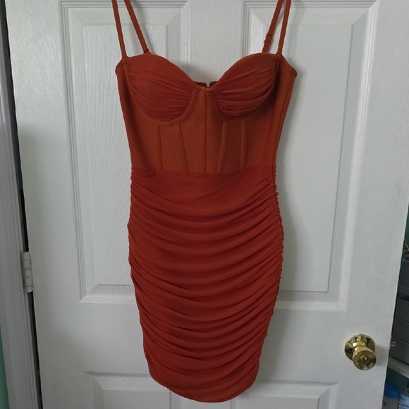 Chic Orange Ruched Mini Dress - Picture 2 of 11